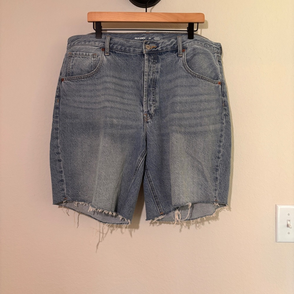 Old Navy Denim Shorts Mid Rise Baggy 14 100% Cotton Blue Raw Hem 90s Aesthetic